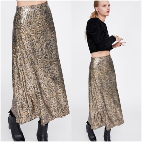 ZARA The Knit Collection Snakeskin Sequin Midi Maxi Skirt Size M - Picture 3 of 13